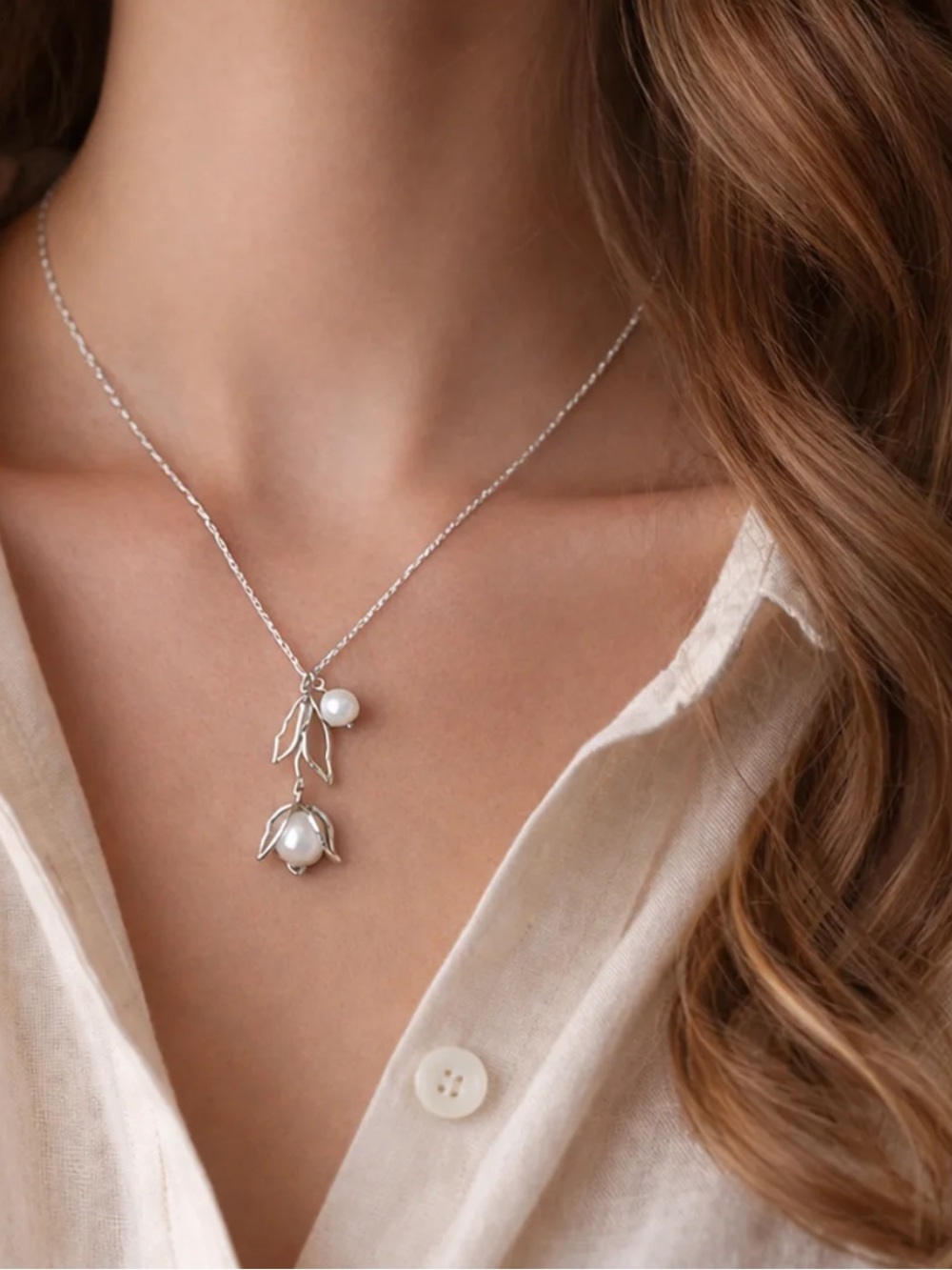 Silver Flower Pearl Drop Necklace